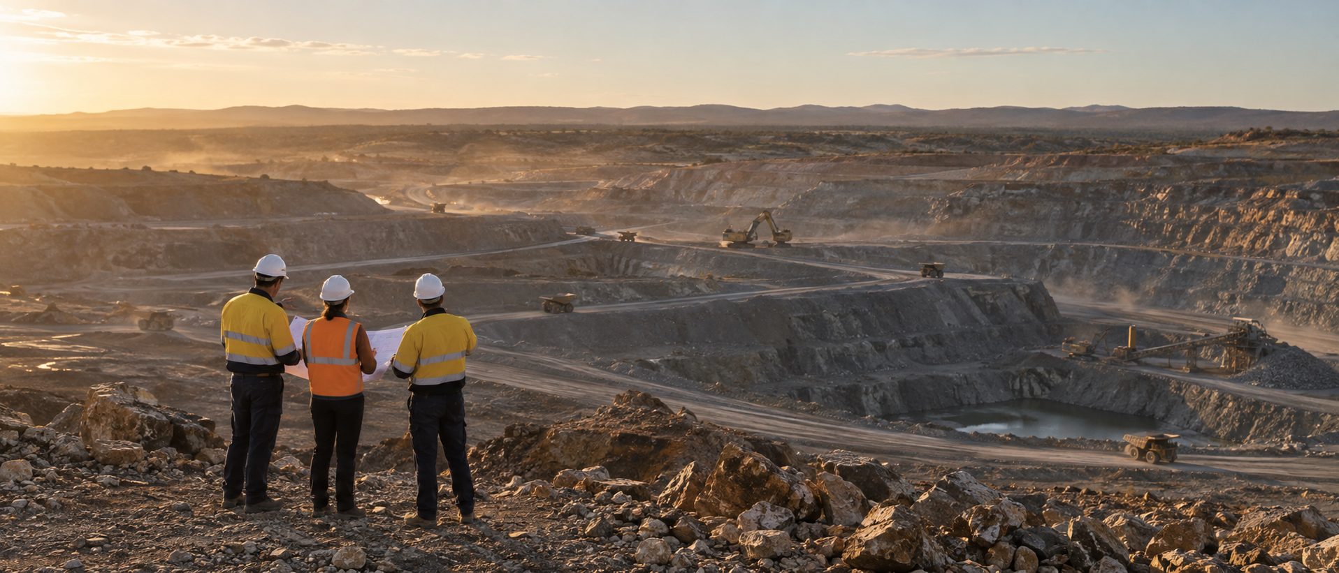 Three colleagues reviewing plans together at a mining operation