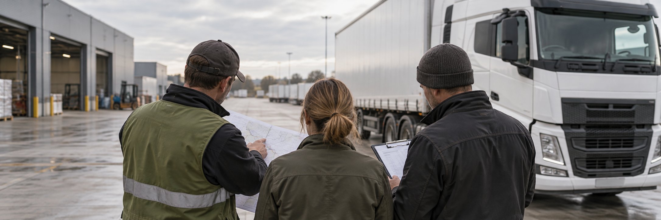 Transport colleagues reviewing route plans together beside a truck, viewed from behind